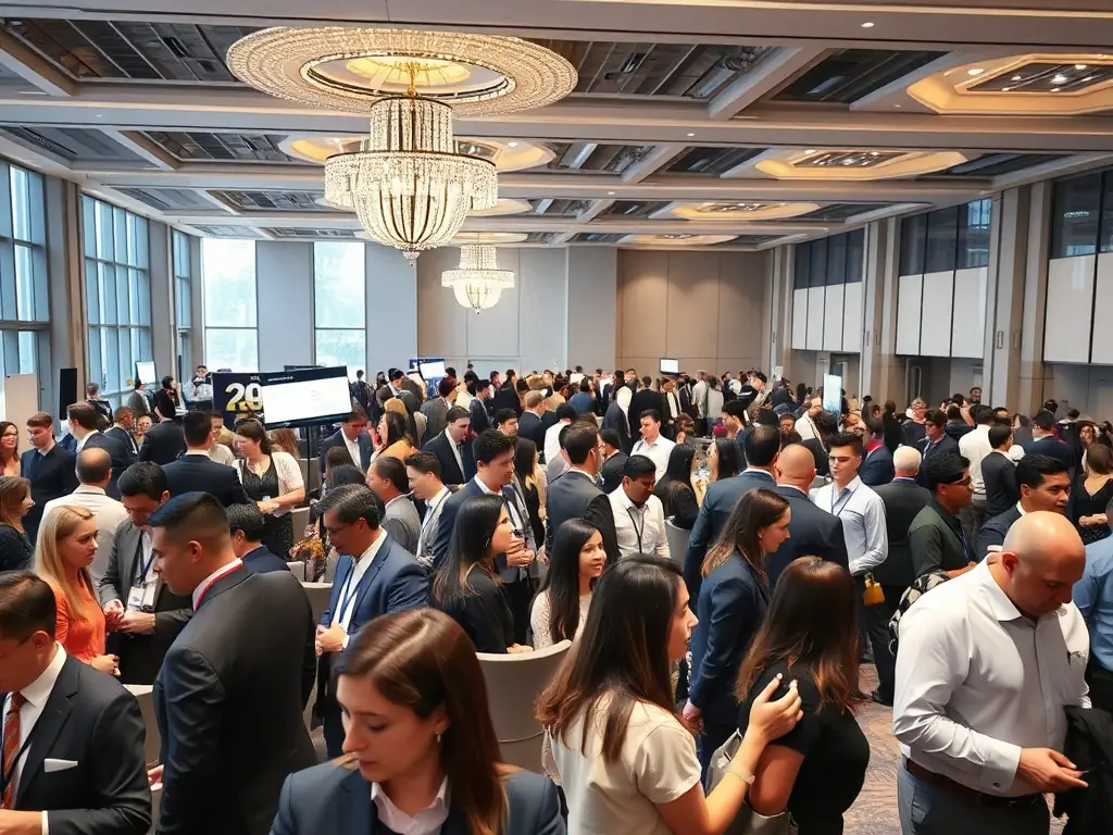 A captivating photograph of the networking lounge at a CakeIO conference, featuring attendees engaging in conversations, exchanging business cards, and building connections in a relaxed and professional environment.