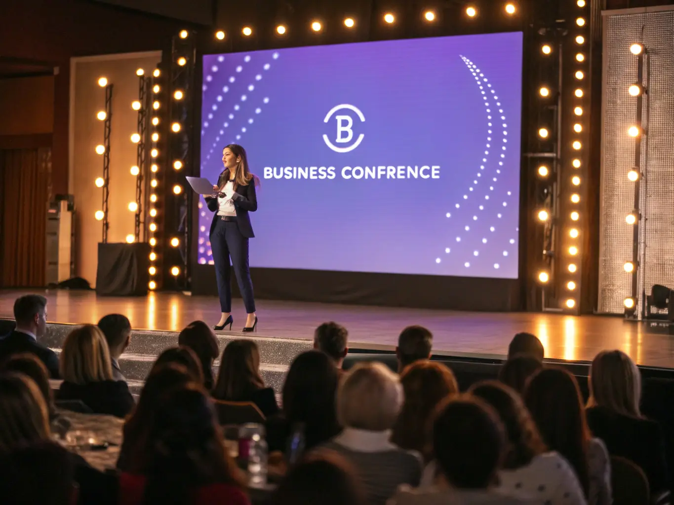 A vibrant photograph capturing the keynote speaker delivering a presentation at the CakeIO 2024 conference, with engaged attendees in the foreground and the company logo prominently displayed on the stage backdrop.